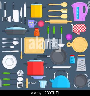 Kitchen tools, cookware and kitchenware flat icons set. Kitchenware cup and pot illustration Stock Vector