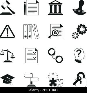 Law consulting, legal compliance vector icons. Policy and regulations pictograms illustration Stock Vector