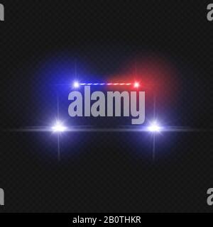 Police car headlights and blinking red siren lights isolated on transparent background. Police car with light red siren, illustration of driving police automobile Stock Vector