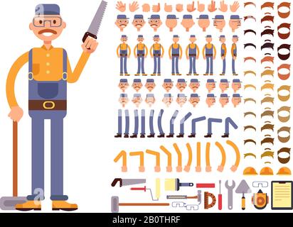 Cartoon man construction worker in jumpsuit vector character with big set of body parts. Creation constructor of different poses. Man construction body and different tools illustration Stock Vector