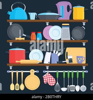 Kitchen shelves with cookware and cooking equipment flat vector concept. Cooking kitchenware illustration Stock Vector