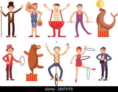 Circus artists cartoon characters vector set. Acrobat and strongman, magician, clown, trained animals. Fun performance juggler and funny performer illustration Stock Vector