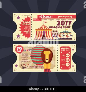 Circus magic show ticket vector vintage design isolated. Ticket to show circus, performance and amusement illustration Stock Vector