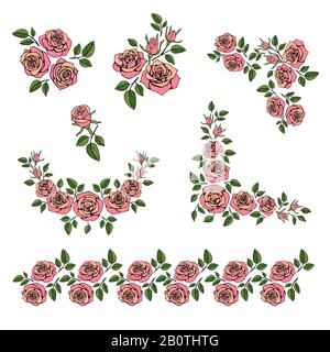 Romantic wedding bouquet with red roses vector set. Tea-rose blossom, frame corner form rose illustration Stock Vector