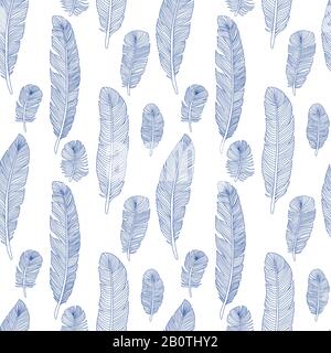 Vector seamless vintage pattern with hand drawn flying feathers. Pattern with hand drawn bird feather illustration Stock Vector