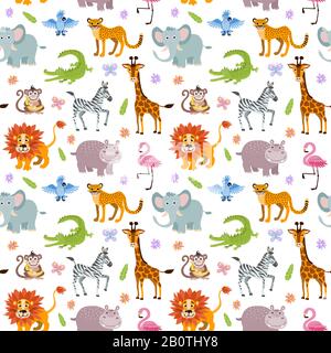 Children seamless vector wallpaper with cute and funny baby savanna animals elephant, alligator and hippo, illustration of africa animals Stock Vector