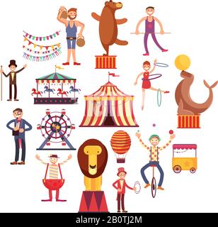 Circus carnival flat vector icons in circle design. Cartoon clown and acrobat performance in circus illustration Stock Vector