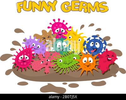 Funny vector germs. Cartoon bacteria splash in mud vector illustration. Microbe characters, colored bacteria and germ Stock Vector