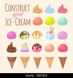 Cartoon ice cream and waffle cone cartoon creation constructor. Cone ice cream food chocolate and vanilla flavor. Vector illustration Stock Vector