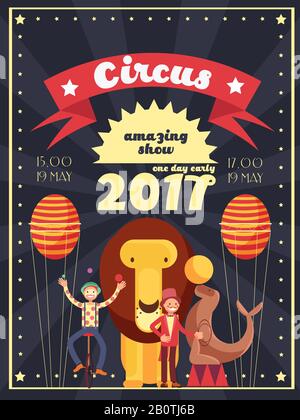 Retro circus entertainment, carnival and holiday show vector poster and invitation design. Banner invitation to entertainment carnival and circus show illustration Stock Vector