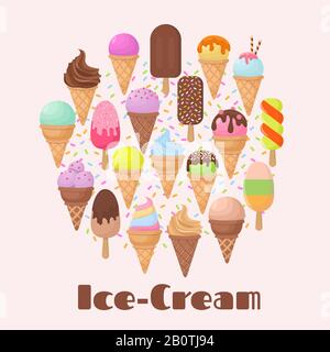 Cartoon ice cream summer dessert vector icons. Food dessert chocolate ice cream, cone sweet vanilla ice-cream illustration Stock Vector