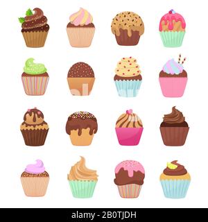 Delicious cupcakes and muffins vector cartoon set. Chocolate birthday dessert cupcake illustration Stock Vector