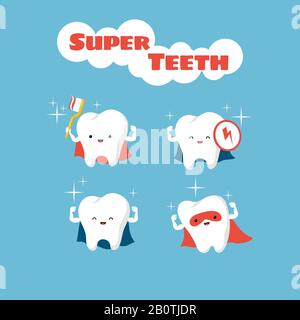 Superhero smiling kids teeth vector characters. Tooth character superhero illustration Stock Vector