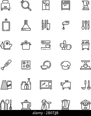 Cuisine, kitchen tools and appliances line vector icons. Restaurant cooking pictograms. Kitchen tools and utensil illustration Stock Vector