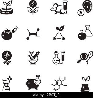 Genetic modification biotechnology and dna research vector micro icons. Gmo research, biotechnology genetic dna illustration Stock Vector