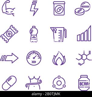 Sports vitamins and food supplements thin line vector icons. Fat burning pills and energy drinks pictograms. Sport vitamin nutrition for fitness and energy illustration Stock Vector