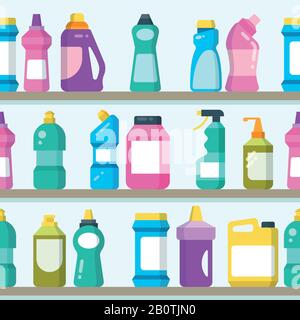 Household goods and cleaning supplies on supermarket shelves seamless vector background. Detergent and soap on colored bottle for housekeeping illustration Stock Vector