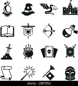 Fantasy medieval tale vector icons. Mystery magic and knight pictograms. Magic fantasy, medieval castle and dragon illustration Stock Vector