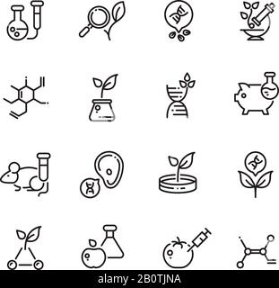 Gmo food and medical science vector line editable icons. Dna modification and agriculture technology outline symbols. Science genetic modification dna in food illustration Stock Vector