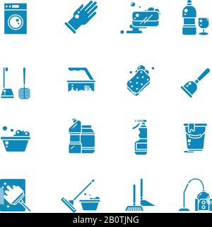 Cleaning products and services silhouette vector icons. Washing supplies and housework black symbols. Detergent and soap, glove and sponge illustration Stock Vector