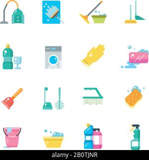 Cleaning home services and household tools isolated vector flat icons. Chemical detergent for housekeeping and disinfectant illustration Stock Vector