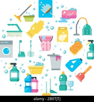 Clean house concept with cleaning and washing tools vector icons. Housekeeping equipment, washing and cleaning illustration Stock Vector