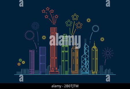 Hong kong city vector panorama with festive fireworks. China line cityscape with buildings. Building city hong kong color linear illustration Stock Vector