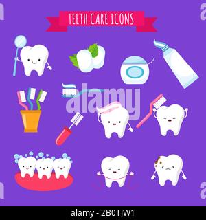Tooth brushing and dental care cute cartoon icons for kids. Funny teeth with toothbrush and toothpaste. Brushing and hygiene tooth, vector illustration Stock Vector