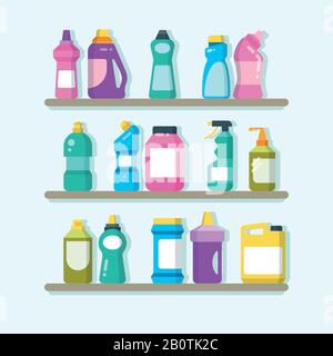 Household cleaner products and laundry goods on shelves. House cleaning service vector concept. Detergent cleaner and wash, housework with soap disinfectant illustration Stock Vector