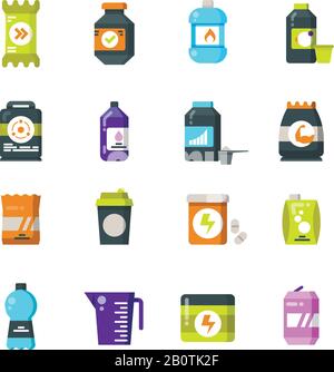 Sports nutrition supplements and protein flat icons. Energy drink and power bar vector symbols. Power energy for fitness and drink for sport illustration Stock Vector