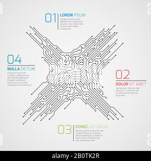 Computer technology vector infographic template with circuit board and options. Electronic high tech concept electronic connection scheme structure circuit board illustration Stock Vector