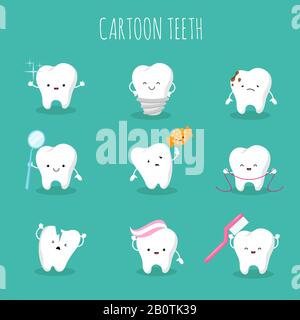 Cute cartoon tooth vector set. Baby teeth health and hygiene icons. Healthcare tooth and protection, illustration of dental and stomatology Stock Vector