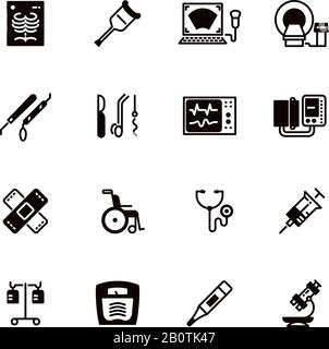 Medical devices and equipment vector icons. Medical tomograph and mrt, ultrasound equipment illustration Stock Vector