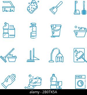 Cleaning and washing house outline vector icons. Antiseptic service line symbols. Equipment for cleanup linear style illustration Stock Vector