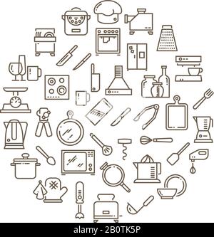 Cooking food in kitchen outline icons. Kitchen utensil design linear graphic, opener and kettle. Vector illustration Stock Vector