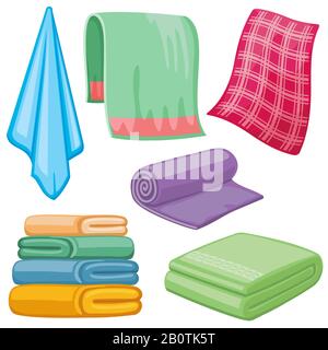 Cartoon towels vector set. Cloth towel for bath, illustration of cartoon fabric towel for hygiene Stock Vector