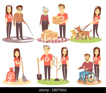 Volunteering and supporting people vector flat icons with young volunteer persons. Character woman volunteer help and giving illustration Stock Vector