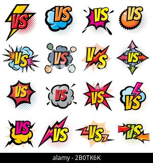 Battle competition versus vector logos set. Vs rivals challenge emblems and labels. Battle challenge sport, versus opposite color, duel and fight in match illustration Stock Vector