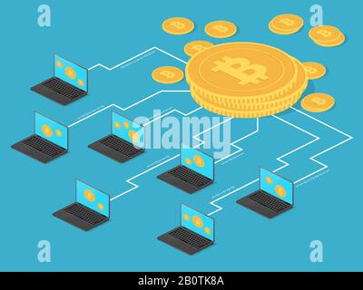 Crypto money and net banking. Bitcoin mining vector concept. Mining bit coin with laptop computer illustration Stock Vector