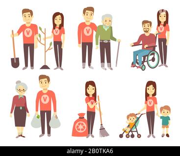 Volunteer helping to disabled people vector characters set for volunteering concept. Volunteer help and assistance disability people illustration Stock Vector