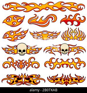 Vehicle car and bike color vinyl decals isolated vector set. Hot fire decal artwork, illustration of pattern fire stencil Stock Vector