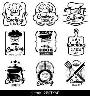 Vintage cooking in kitchen classes vector silhouette labels. Cook workshop emblems. Gourmet logos collection, illustration of cooking label for school or classes Stock Vector