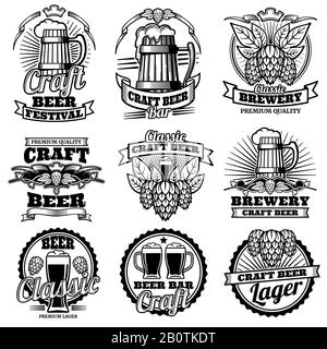 Vintage beer drink bar vector labels. Retro brewery emblems and logos with hops and mug. Brewery drink emblem beer illustration Stock Vector
