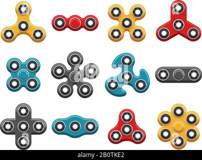 Hand spinner toys flat vector icons. Vector fidget spinners, mechanical hands steel ring playthings isolated on white background Stock Vector