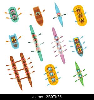 Top view rowing sport boats with team vector set. Water sport boat team, canoe and kayak rowing illustration Stock Vector