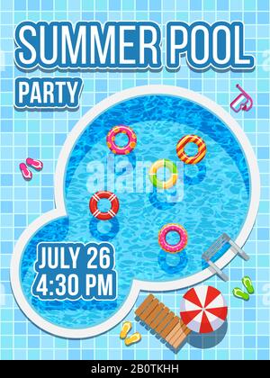 Top view nobody swimming pool with blue water. Vector design for party invitation. Summer pool party banner illustration Stock Vector