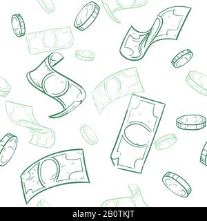 Doodle cash flow. Raining money seamless vector pattern. Falling sketch dollars background. Money finance coins and banknotes illustration Stock Vector
