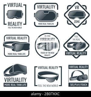 Futuristic helmet virtual reality headset logos. Vr glasses head-mounted display vector labels. Device for reality virtual, illustration of head helmet Stock Vector