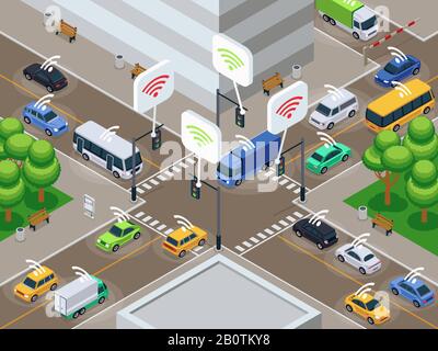 Vehicles with infrared sensor device. Unmanned smart cars in city traffic vector illustration. Sensor car autonomous drive on road city Stock Vector