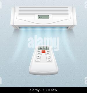 Conditioner with fresh air streams. Climate control in home and office vector illustration. Air conditioner on wall, conditioning climate Stock Vector